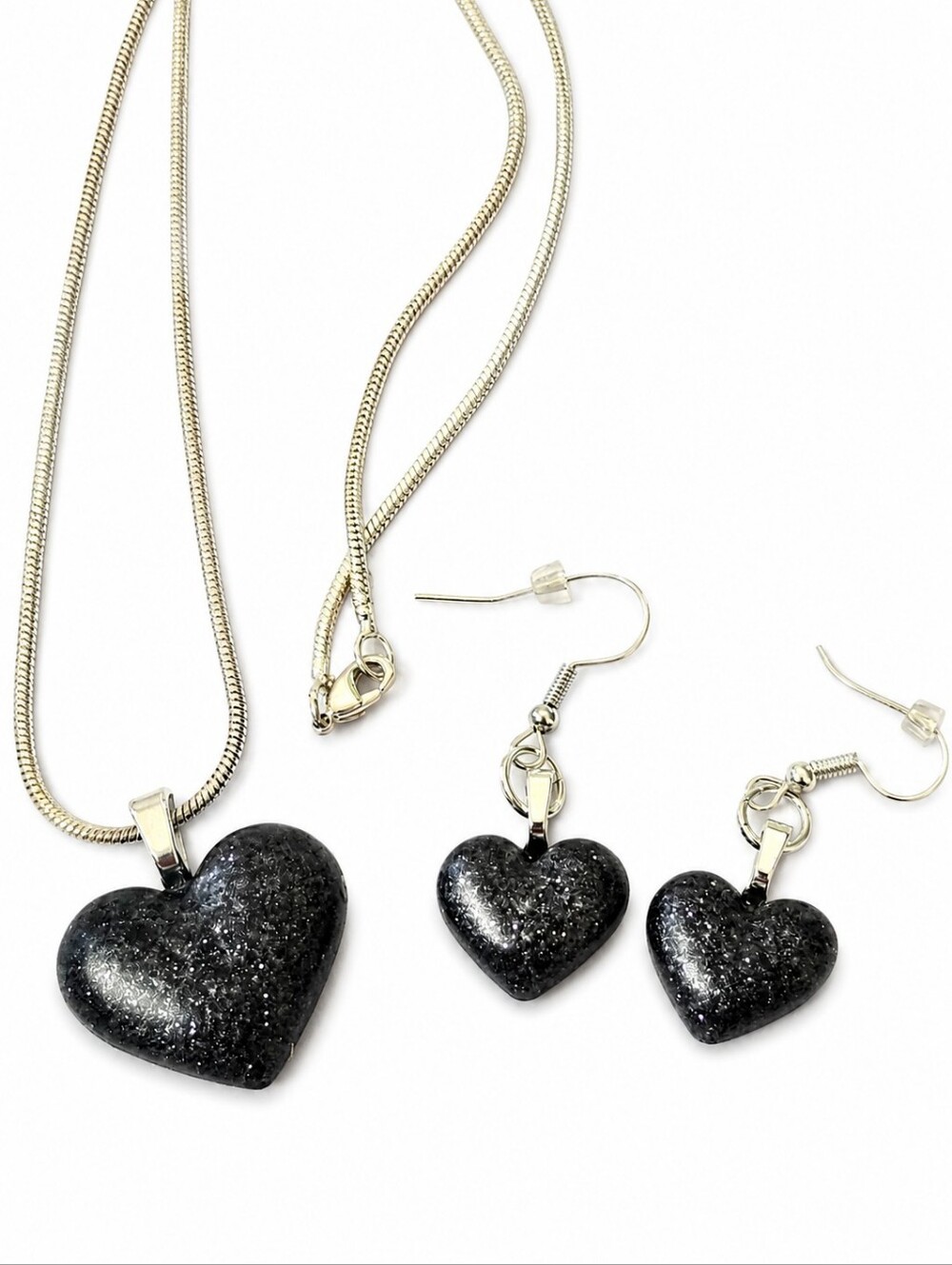 Handmade Black Glitter Heart Resin Necklace & Earrings Set Cottagecore Jewelry